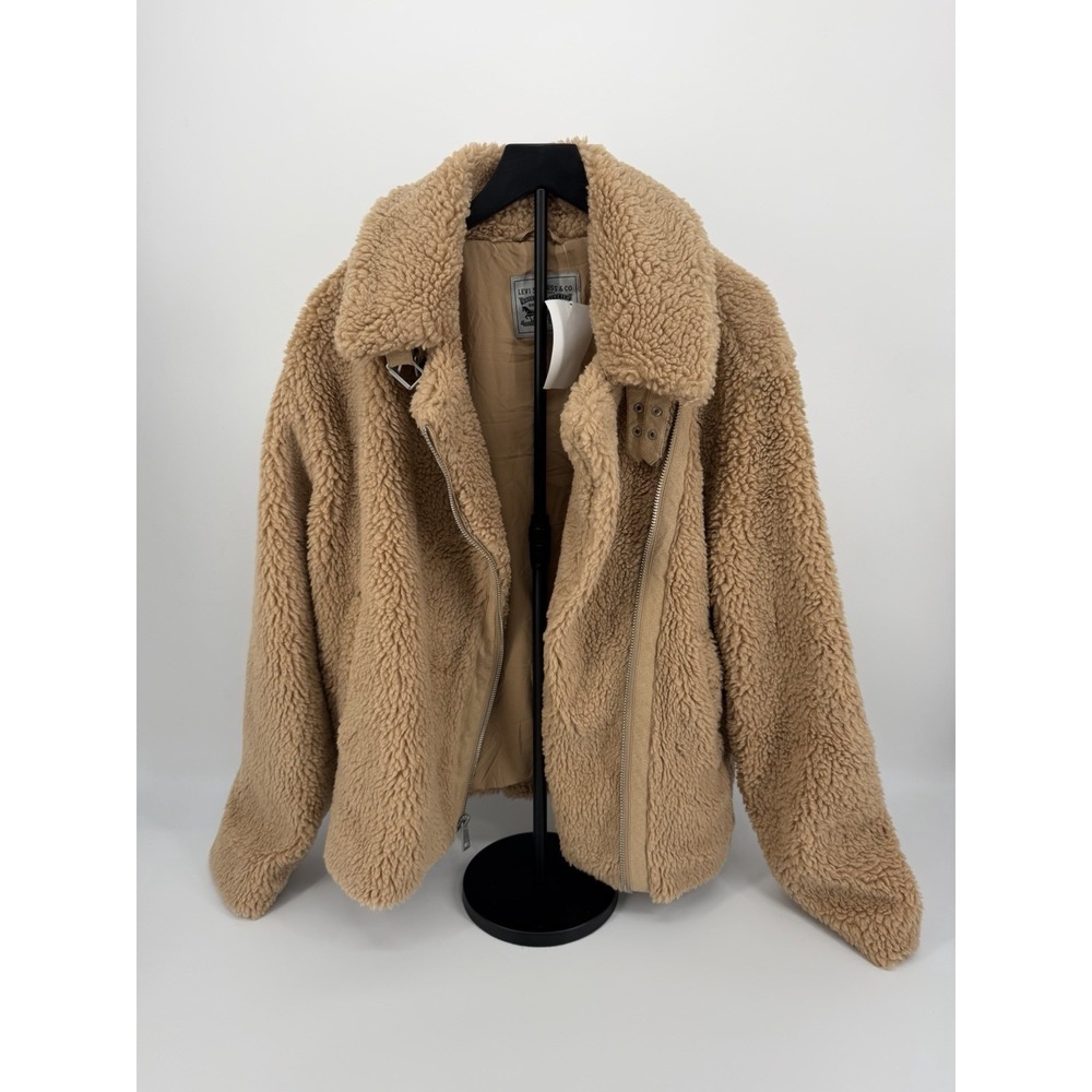 Levis Womens Faux Fur Sherpa Moto Jacket Camel Tan Teddy Biker Coat Size XL NEW
